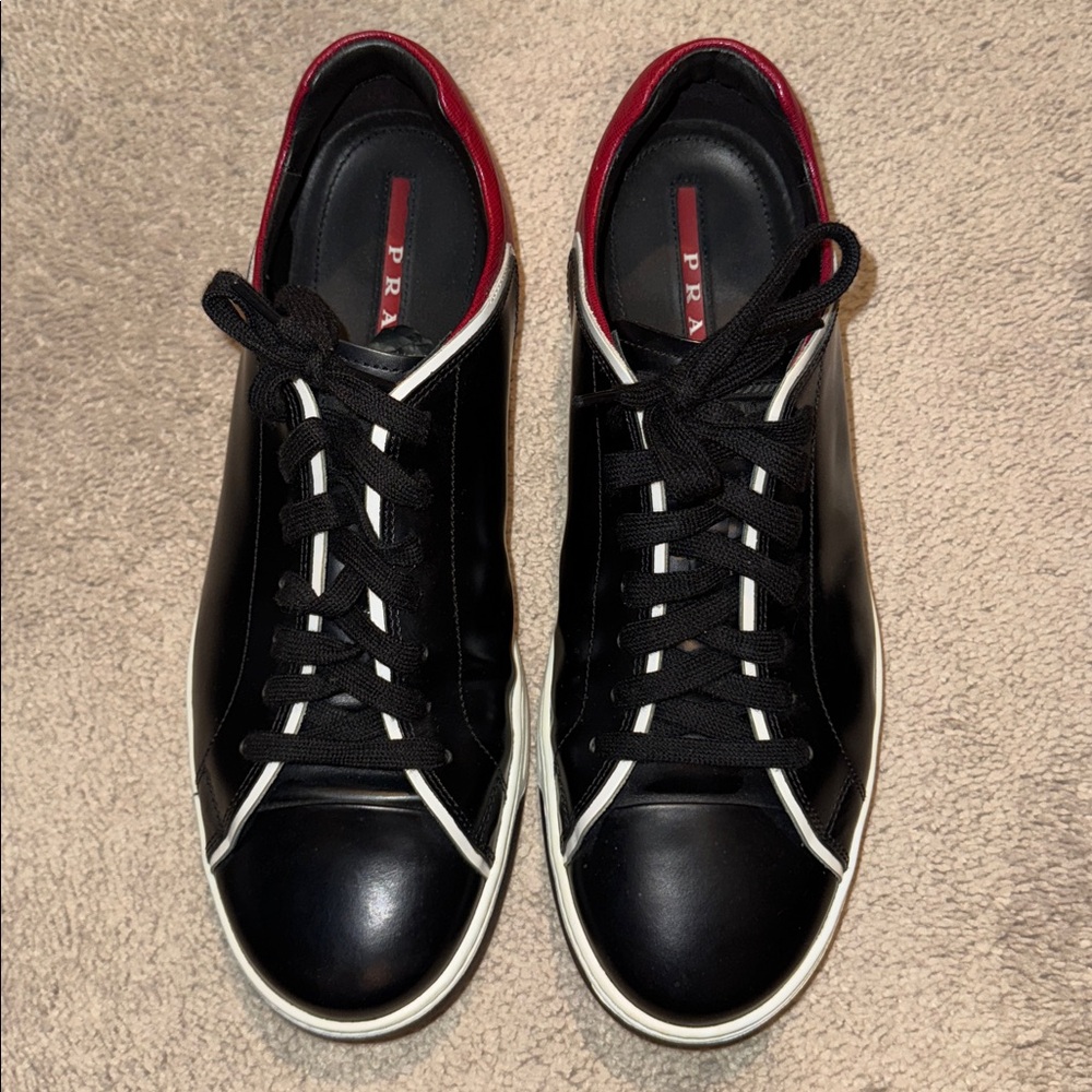 Prada Black Sneakers with Red and White Trim